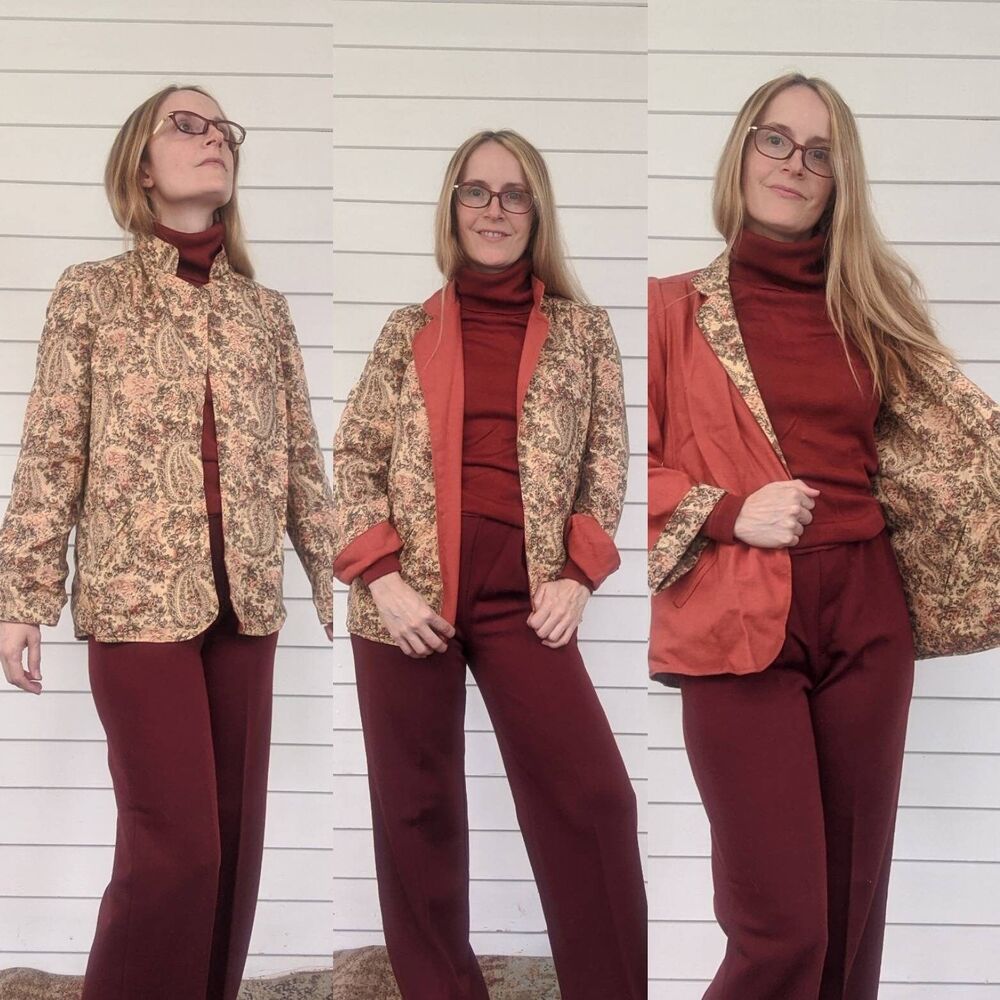 70s Vintage Reversible Jacket Floral Paisley Neutral to Ginger Spice Hippie S